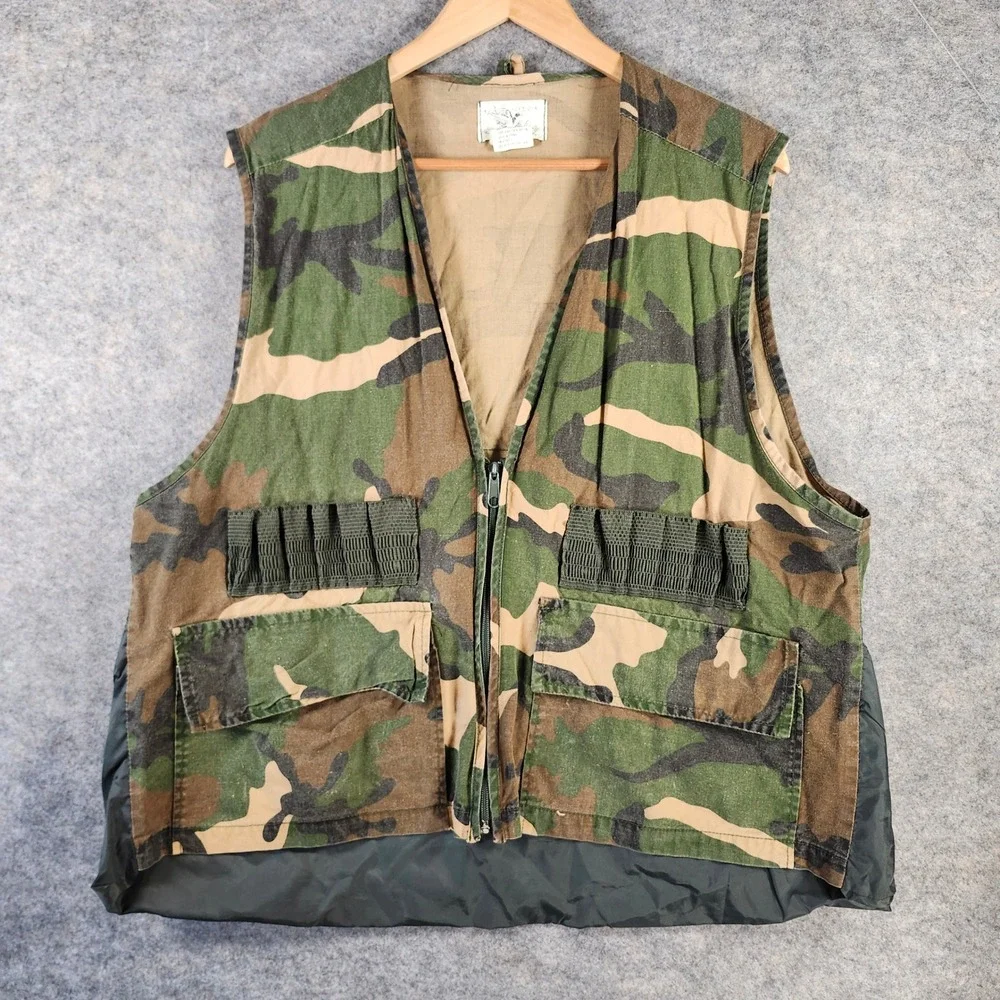 VTG Duck Bay Men XL Camo Hunting‎ Vest Woodland Camouflage Shell Loop Game Bag